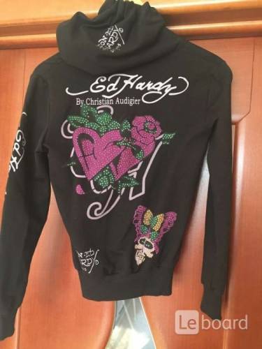 Толстовка новая ed hardy 46 м черная замок капюшон хлопок стразы сваровски метал