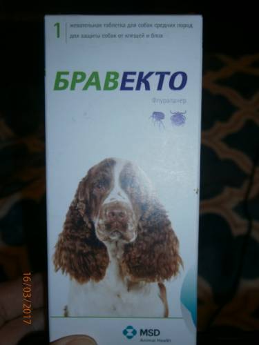 Жевательные таблетки от блох и клещей для собак средних пород. “Бравекто“ 