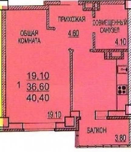 1 к.кв. 40.40 кв.м.   ЗЖМ  г. Ростов-на-Дону.